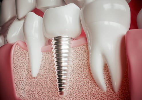 Implant next to a healthy molar -- 3D rendering