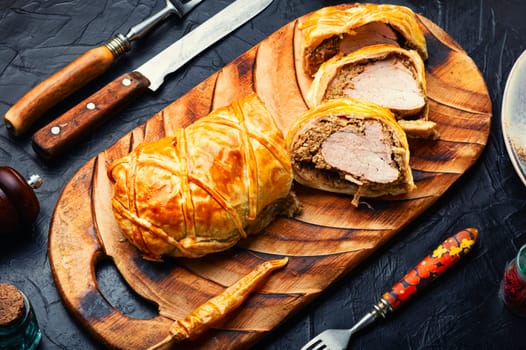 Popular delicious meat food is wellington meat, meat wrapped in dough. British food