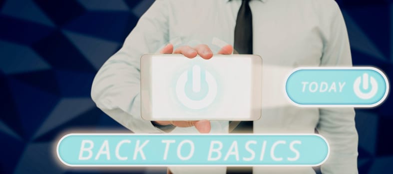 Hand writing sign Back To Basics, Business idea Healthy routine lifestyle Good nutrition Exercises Man Wearing Necktie Presenting Power Button With New Ideas.