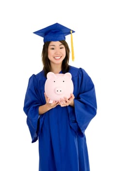 Asian teenage very excited about graduation on white background