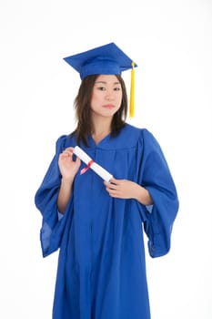 Asian teenage very excited about graduation on white background