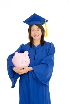 Asian teenage very excited about graduation on white background