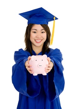 Asian teenage very excited about graduation on white background