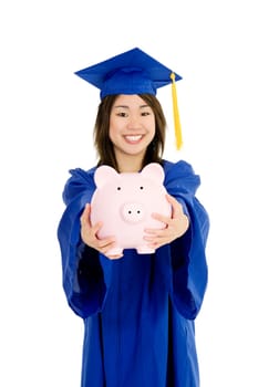 Asian teenage very excited about graduation on white background