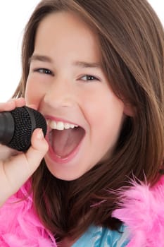 Caucasian children singing karaoke on a white background