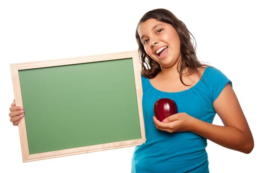 Pretty Hispanic Girl Holding Blank Chalkboard and Apple Isolated on a White Background.