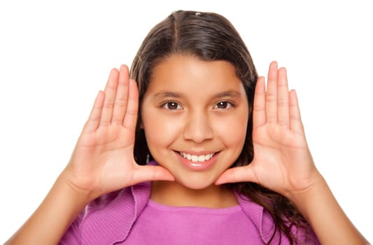 Pretty Hispanic Girl Framing Her Face with Hands Portrait Isolated on a White Background.