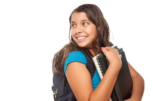 Pretty Hispanic Girl Looking Back with Books and Backpack Ready for School Isolated on a White Background.