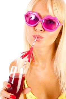 pretty long hair blond in bikini with glass of coctail