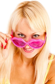 pretty blonde  woman in yellow bikini and rose sunglasses