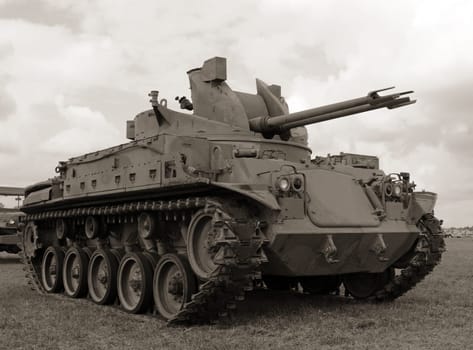 Black and white photo of vintage tank