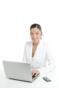 Beautiful businesswoman with headset telephone in white background
