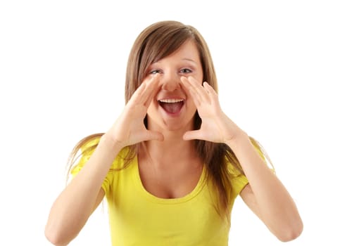Attractive casual woman screaming (shouting) through hands isolated on white
