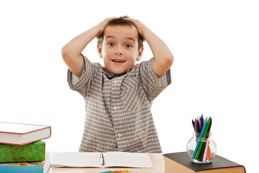 Schoolboy sighing and tearing his hair - isolated