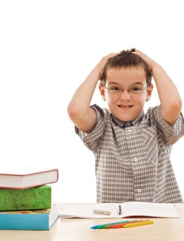 Angry schoolboy tearing his hair - isolated