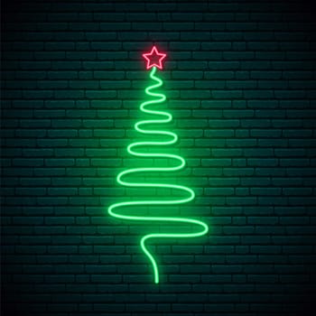 Decorative neon shining Christmas tree with star. Glowing line in form of Xmas tree. One line design. Template for banner, website advertising, party invitation, social media.