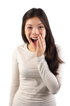 Happy surprised excited woman holding the hand for her mouth in surprise. Isolated on white background.