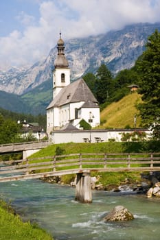 Scenic view of the famous little church of Ramsau in Bavaria, Germany.