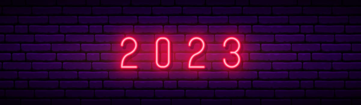2023 Happy New Year long horizontal banner. Red number 2023 Neon signboard on dark brick wall background. Vector template for social media, social network, web neader.