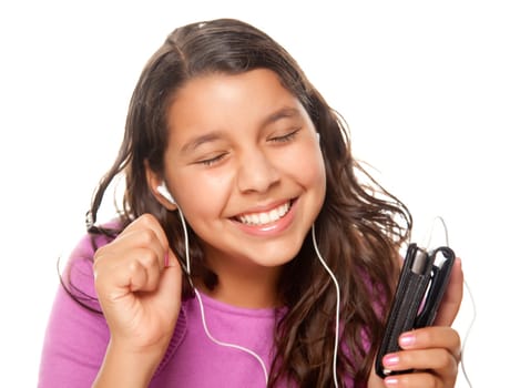 Pretty Hispanic Girl Listening and Dancing to Music Isolated on a White Background.