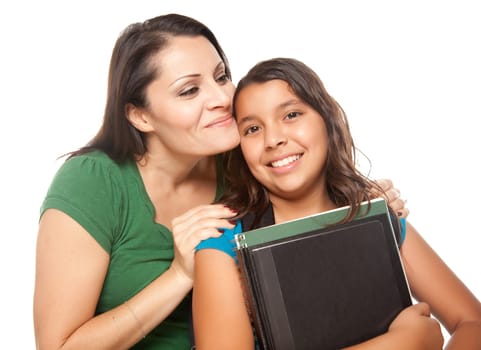 Proud Hispanic Mother and Daughter Ready for School Isolated on a White Background.