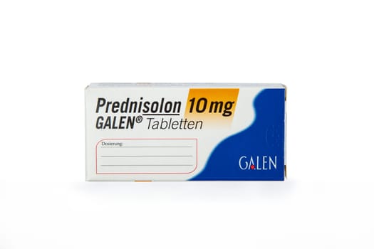 WETZLAR, GERMANY 2022-07-25: Prednisolone Pills 10 mg. Packages of Prednisolon. Prednisolon pills in cardboard box.