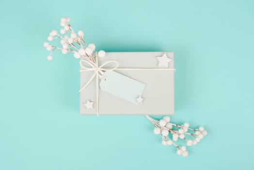 Gift box with a blank tag, snow covered berries and candy cane, christmas holiday wintertime