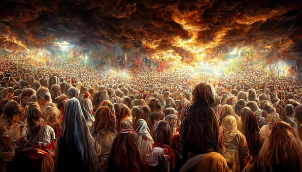 Revelation of Jesus Christ, new testament, religion of christianity, heaven and hell over the crowd of people, Jerusalem of the bible