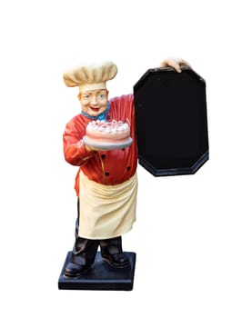 A cook figure with colorful cake holds a blank black board isolated on white background.