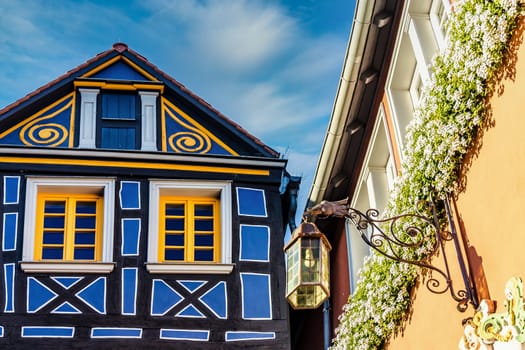 Historic half timbered house facade with windows in the idyllic little Town Idstein Hesse Germany.
