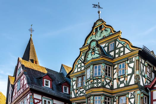 Historic half timbered house facade with windows in the idyllic little Town Idstein Hesse Germany.