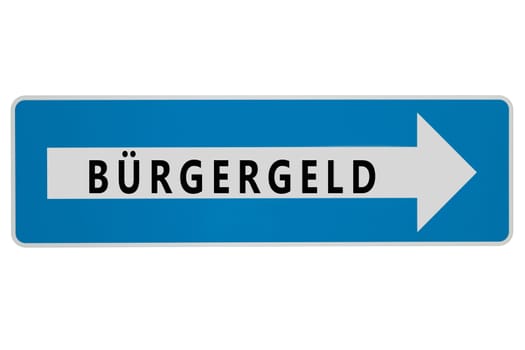 Blue Sign with arrow and german word Bürgergeld ( engl. citizen money) isolated on white background. New financial help system in Germany. Social support concept.