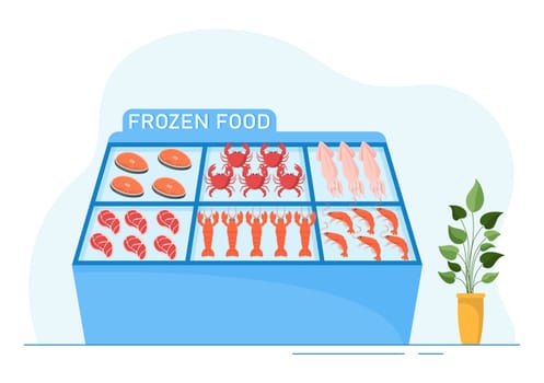 Frozen Food Store with Products Vacuumed using Foil and Pouch Packaging to be Fresh in Hand Drawn Cartoon Template Illustration