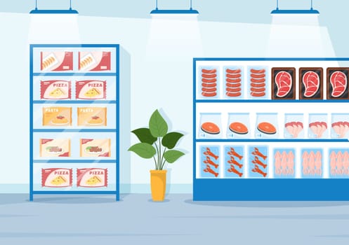 Frozen Food Store with Products Vacuumed using Foil and Pouch Packaging to be Fresh in Hand Drawn Cartoon Template Illustration