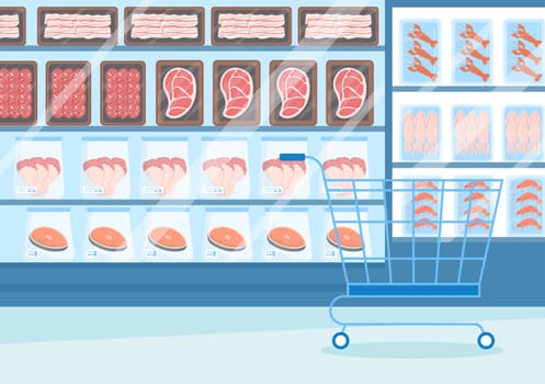 Frozen Food Store with Products Vacuumed using Foil and Pouch Packaging to be Fresh in Hand Drawn Cartoon Template Illustration