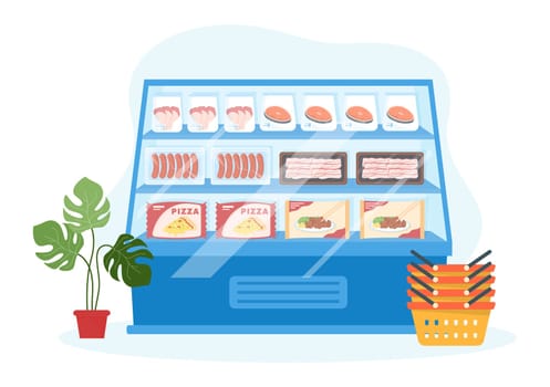 Frozen Food Store with Products Vacuumed using Foil and Pouch Packaging to be Fresh in Hand Drawn Cartoon Template Illustration