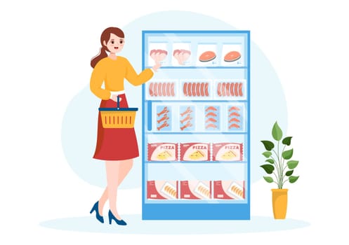 Frozen Food Store with Products Vacuumed using Foil and Pouch Packaging to be Fresh in Hand Drawn Cartoon Template Illustration