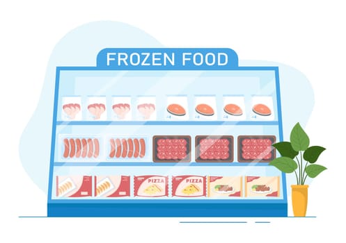 Frozen Food Store with Products Vacuumed using Foil and Pouch Packaging to be Fresh in Hand Drawn Cartoon Template Illustration