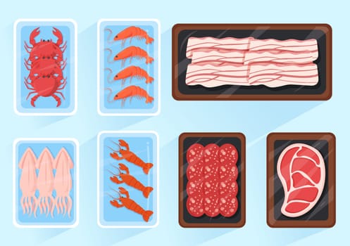Frozen Food Store with Products Vacuumed using Foil and Pouch Packaging to be Fresh in Hand Drawn Cartoon Template Illustration