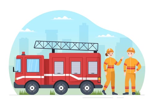 Fire Department with Firefighters Extinguishing House, Forest and Helping People in Various Situations in Flat Hand Drawn Cartoon Illustration