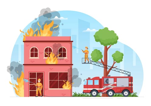 Fire Department with Firefighters Extinguishing House, Forest and Helping People in Various Situations in Flat Hand Drawn Cartoon Illustration