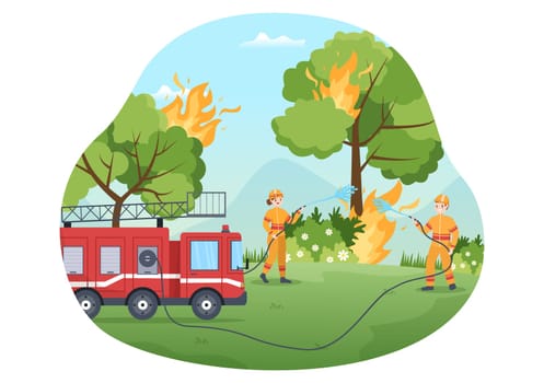 Fire Department with Firefighters Extinguishing House, Forest and Helping People in Various Situations in Flat Hand Drawn Cartoon Illustration