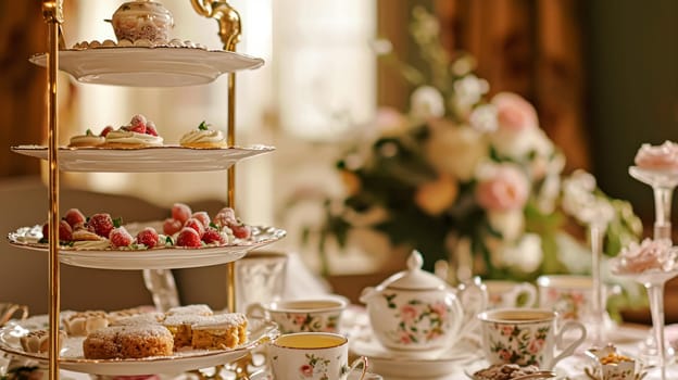 Elegant table setting for tea party with cakes and cupcakes in English manor. Selective focus. Vintage style