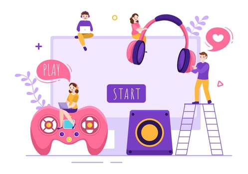Video Game with Kids Playing Gamepad Controllers Fighting Console on Android Mobile Computer in Flat Cartoon Hand Drawn Template Illustration