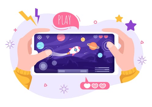 Video Game with Kids Playing Gamepad Controllers Fighting Console on Android Mobile Computer in Flat Cartoon Hand Drawn Template Illustration