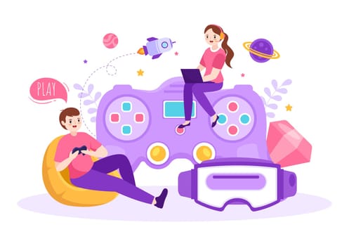 Video Game with Kids Playing Gamepad Controllers Fighting Console on Android Mobile Computer in Flat Cartoon Hand Drawn Template Illustration