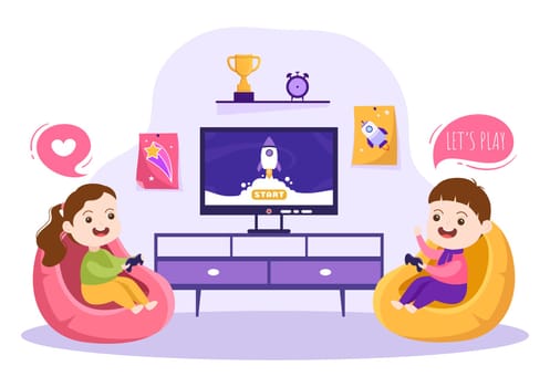 Video Game with Kids Playing Gamepad Controllers Fighting Console on Android Mobile Computer in Flat Cartoon Hand Drawn Template Illustration