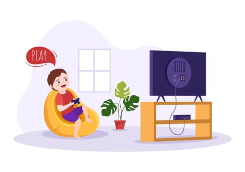 Video Game with Kids Playing Gamepad Controllers Fighting Console on Android Mobile Computer in Flat Cartoon Hand Drawn Template Illustration