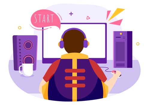 Video Game with Kids Playing Gamepad Controllers Fighting Console on Android Mobile Computer in Flat Cartoon Hand Drawn Template Illustration