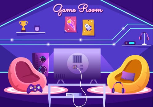 Video Game Room Interior with Android Mobile Computer and Comfortable Armchairs for Gamers in Flat Cartoon Hand Drawn Template Illustration